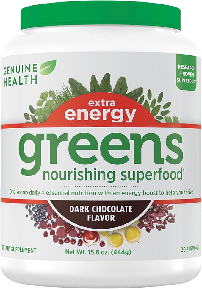Genuine Health Greens + Extra Energy Superfood Powder, Provides an Immediate Energy Boost & Supports Gut Health, Dark Chocolate Flavor, 30 Servings