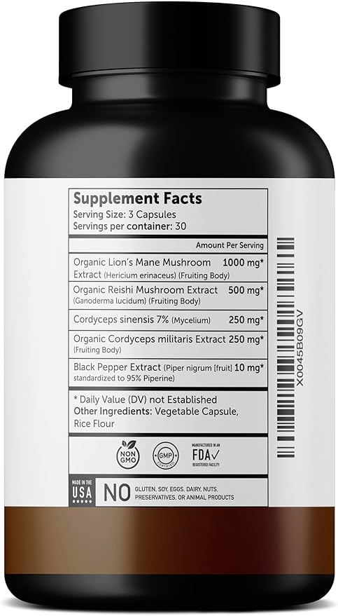 Organic Lions Mane Capsules - Lions Mane Supplement with Reishi, and Cordyceps - Immune Health & Cognitive Supplement for Adults (90 Veggie Capsules)