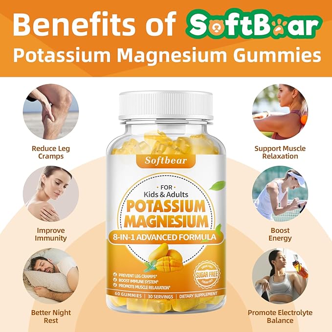 softbear Potassium Magnesium Gummies for Women, Calcium Magnesium Potassium Supplements with Vitamins Sugar-Free Potassium Citrate Gummies Support Muscle Health, Mango Flavor 120 Count