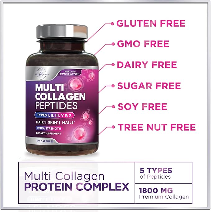 Best Collagen Peptides for Women - Multi-Collagen Hydrolyzed Complex 5 Types, Grass Fed Peptides for Hair, Skin, Nail, Bone & Joint Health Support, Collagen Powder Caps for Women & Men - 120 Capsules