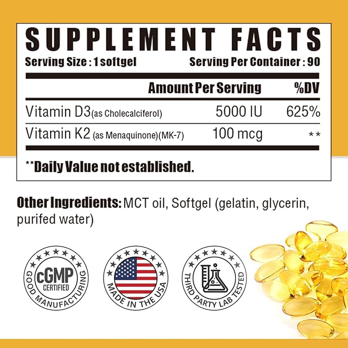 Vitamin D3 K2 Supplement with MCT Oil, Vitamin D3 5000 IU and K2 100 mcg Softgel, Bone and Heart Health Support Supplement, Gluten Free - 90 Count Softgels