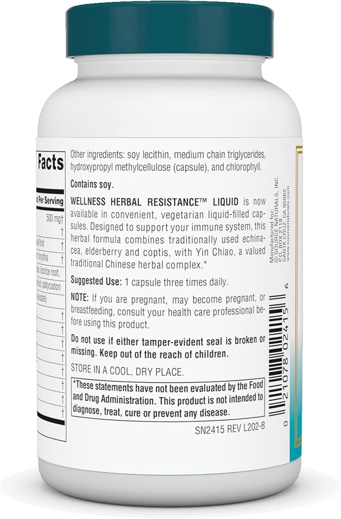 Source Naturals Wellness Herbal Resistance - Echinacea, Coptis & Yin Chiao Immune Support* - 120 Capsules