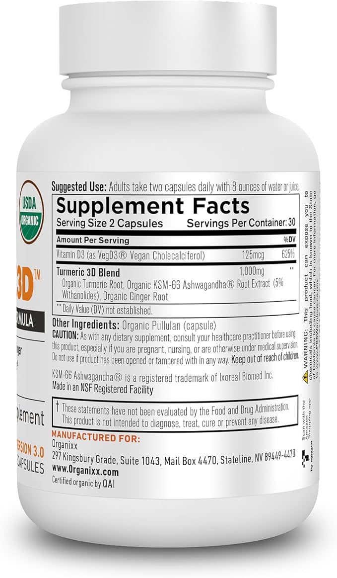 Organixx USDA Organic Turmeric Curcumin Supplement with Ashwagandha, Vitamin D, Turmeric & Ginger – Immune & Joint Support, Fermented for Maximum Bioavailability, 60 Vegetarian Capsules