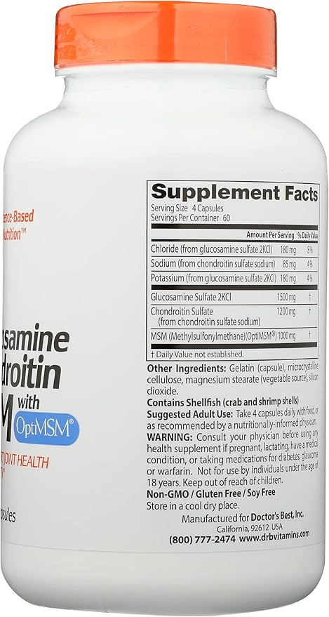 Doctors Best Glucosamine Chondroitin MSM with OptiMSM, Non-GMO, Vegan, 240 Capsule (Pack of 1)
