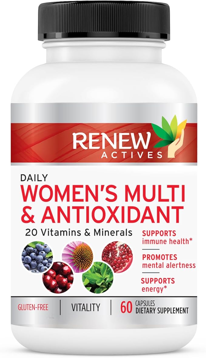 Renew Actives Women's Multi-Vitamin & Antioxidant: Daily Health Supplement - 22 Vitamins & Minerals for Energy & Mental Alertness, 2 Capsules per Serving - 60 Capsules