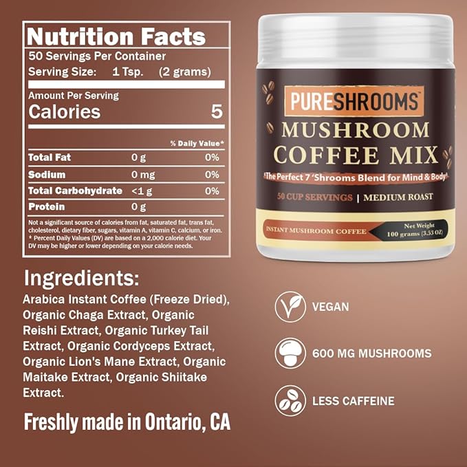 Perfect 7 Mushroom Coffee - Ultra Concentrated Mushroom Extracts with Low Acidity Arabica Coffee -Turkey Tail, Lion's Mane, Cordyceps, Reishi, Shiitake, Maitake, Chaga (100 Grams/3.53oz)