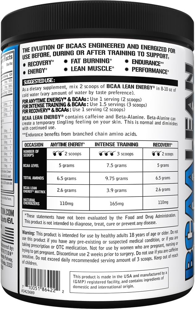 EVL BCAA Lean Energy Powder - Pre Workout Green Tea Fat Burner Support with BCAAs Amino Acids and Clean Energizers - Post Workout Recovery Drink for Lean Muscle Recovery - Blue Raz