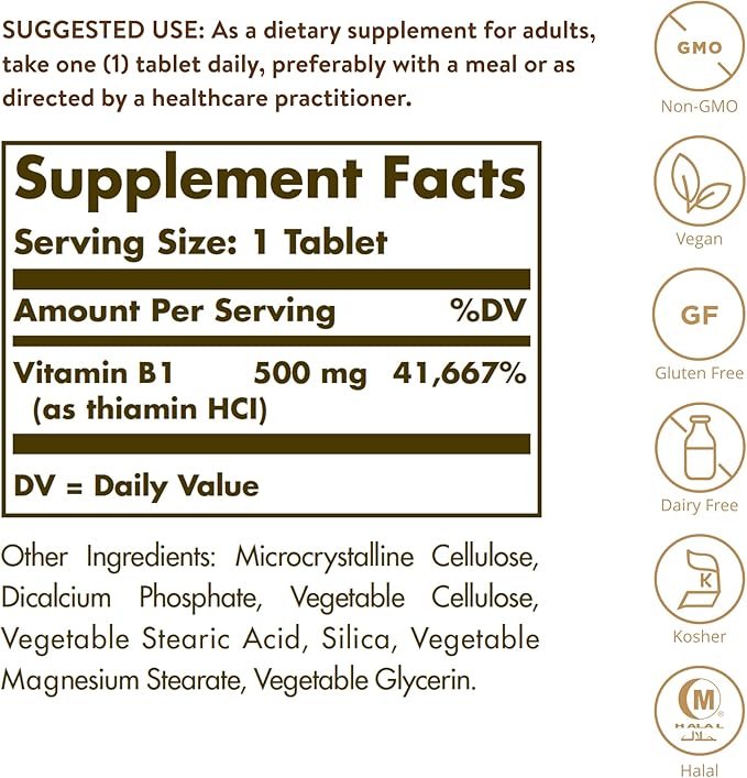Solgar Vitamin B1 (Thiamin) 500 mg, 100 Tablets - Energy Metabolism, Healthy Nervous System, Overall Well-Being - Super Potency - Non-GMO, Vegan, Gluten Free, Dairy Free - 100 Servings