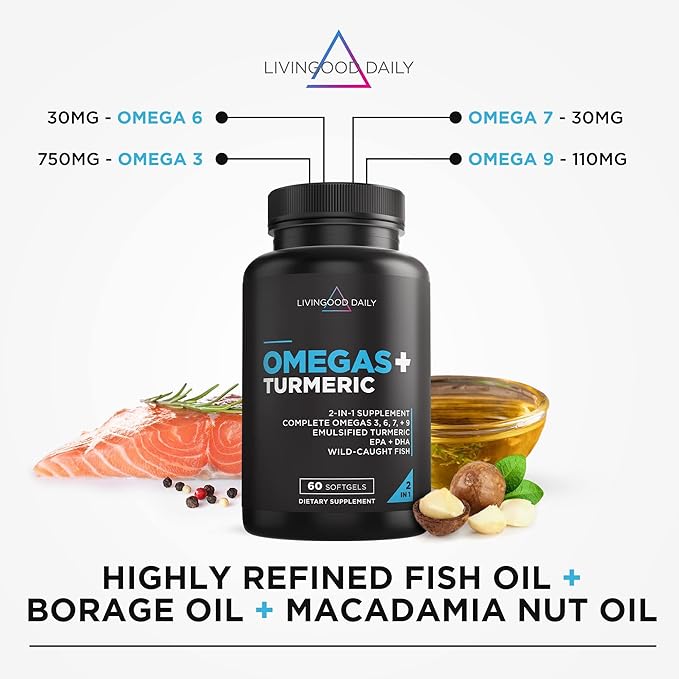 Livingood Daily Triple Omega 3 6 9 Supplement Plus Turmeric Curcumin, DHA & EPA, Fish Oil Supplements for Brain & Heart Health and Joint Support, Advanced Absorption, Gluten Free, Non GMO, 60 Softgels