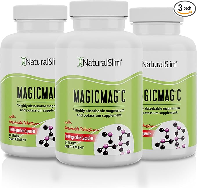 NaturalSlim Potassium Magnesium Supplement 100 Capsules – MagicMag C Magnesium Citrate Supplements for Sleep Support, Heart Health, and Muscle Cramp Relief | Gluten-Free 3 Pack