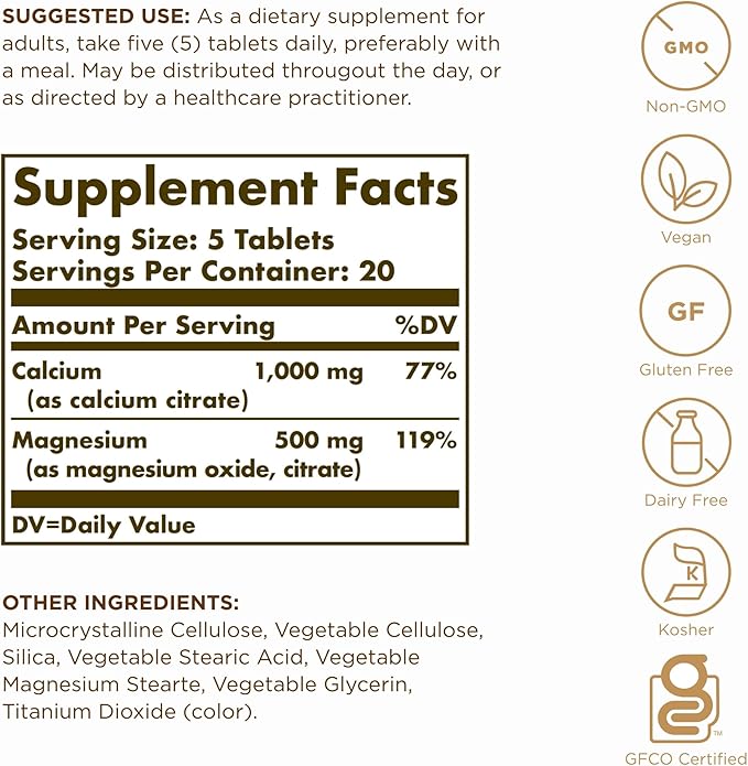 Solgar Calcium Magnesium Citrate - 100 Tablets, Pack of 2 - Non-GMO, Vegan, Gluten Free, Kosher - 40 Total Servings
