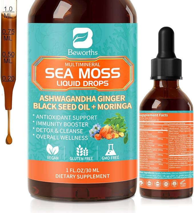 2PACK Sea Moss Drops - Irish Sea Moss Chlorophyll Liquid with Black Seed Oil, Ashwagandha, Moringa, Turmeric, Elderberry, Mullein, Seamoss Gel Supplement for Lung Cleaner, Detox & Gut, Immune Support