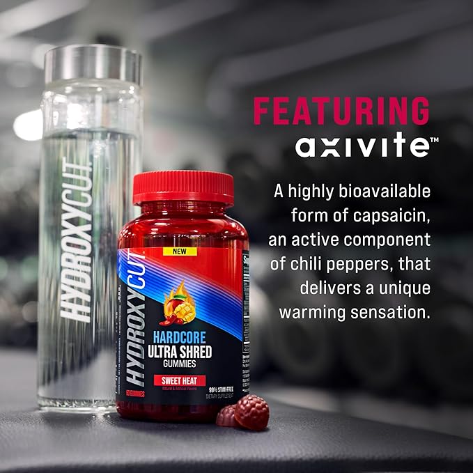 Hydroxycut Hardcore Ultra Shred Gummies, Sweet Heat - 99% Stimulant Free - Includes Capsaicin & B Vitamins - for Women & Men