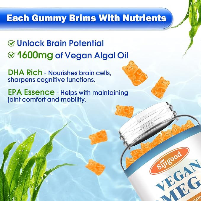 2 Pack Omega-3 Gummies Potent Algae Omega Source, Boost Brain, Eye & Immune Function, with DHA and EPA Vegan & Sugar Free, Orange Flavor, 120 Count