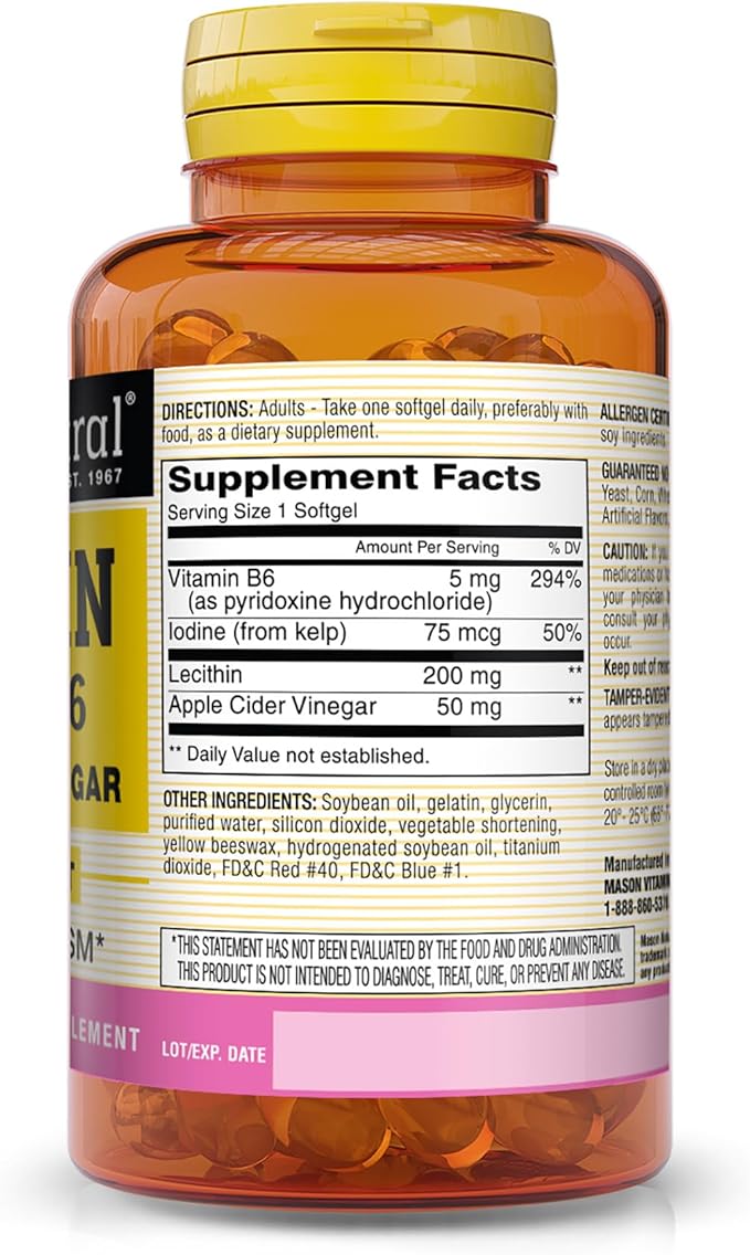MASON NATURAL Lecithin with Kelp/Vitamin B6 plus Apple Cider Vinegar - Dual Action Formula, Healthy Energy Metabolism, Promotes Liver and Reproductive Health, Promotes General Wellness, 100 Softgels