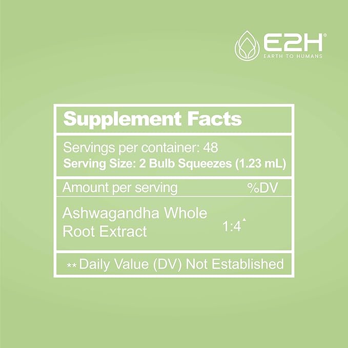 E2H Ashwagandha Liquid Drops - All-Natural Ashwagandha Supplement for Stress Relief and Mood Enhancer- Organic Ashwagandha Root Extract Effective Cortisol Manager | Non-GMO, Vegan | 2 Fl Oz