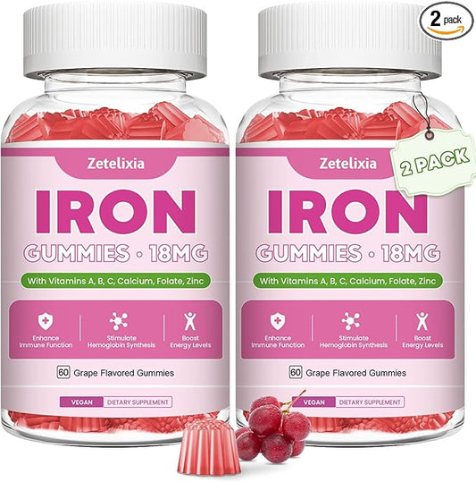 Vegan 2 Pack Iron Supplement Gummies for Women & Men, Anemia, Blood Builder & Energy Support for Iron Deficiency, with Vitamin C, A, B Complex, Folate, Beet Root, CoQ10, Zinc, Sugar Free, 120 Count