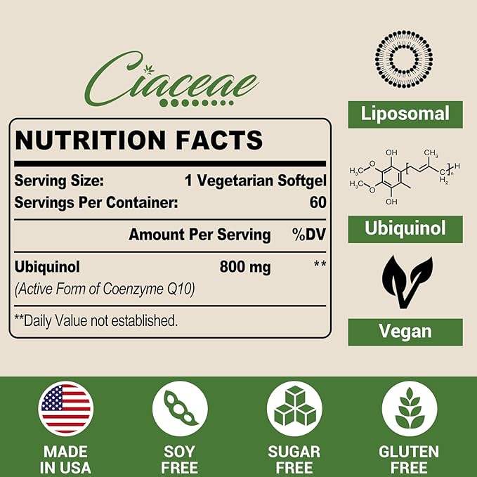 Liposomal CoQ10 800mg Ubiquinol Softgel, Max Absorption Ubiquinol Coenzyme Q10, Ubiquinol CoQ10 Supplement for Antioxidant, Heart Function & Energy Production, Pure CoQ10 800mg, 60 Vegan Softgels