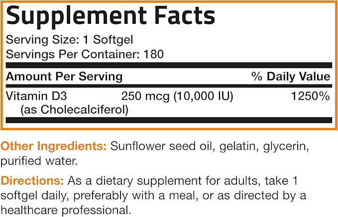 Bronson Vitamin D3 10,000 IU (250 mcg) High Potency - Supports Healthy Immune System, Strong Bones, Muscles & Teeth - Non GMO, 180 Softgels