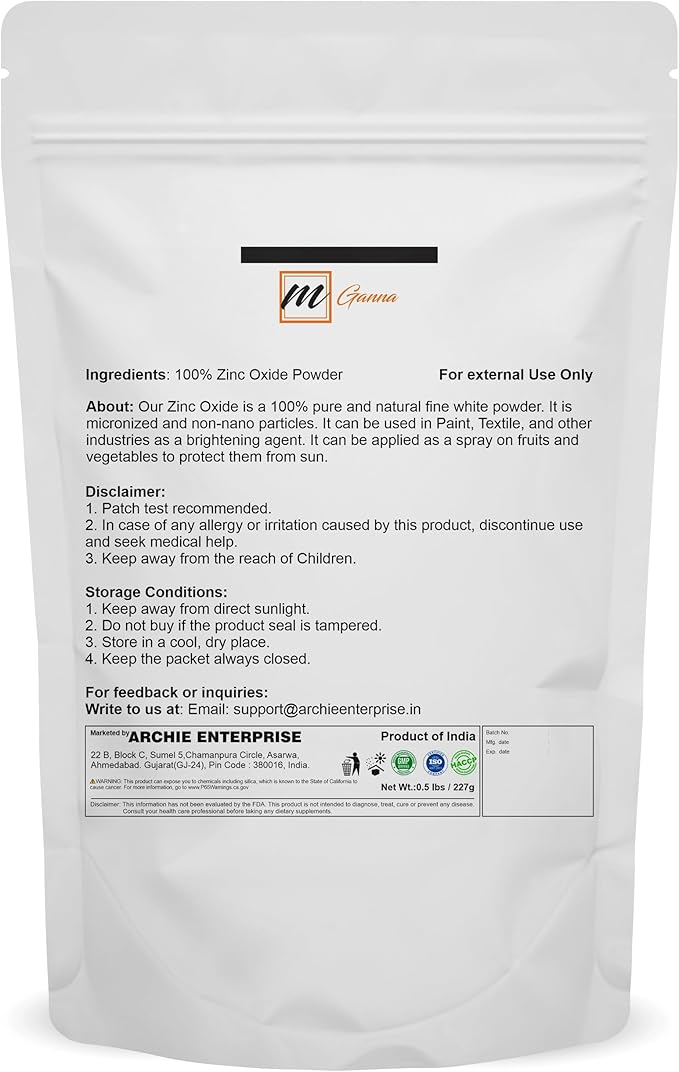 100% Natural Zinc Oxide Powder | Micronized Non-Nano Uncoated Particles 0.5 LBS / 227 GMS