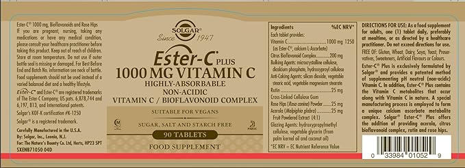 Solgar Ester-C Plus 1000 mg Vitamin C (Ascorbate Complex), 90 Tablets - Gentle On The Stomach & Non Acidic - Antioxidant & Immune System Support - Non GMO, Vegan, Gluten-Free, Kosher - 90 Servings