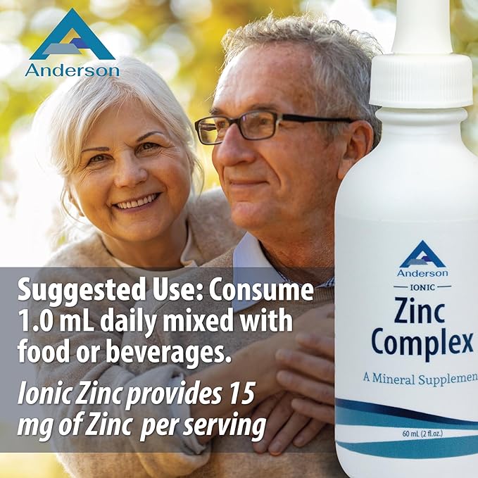 Anderson Ionic Zinc Complex, Liquid Drops for Immune Support, 15mg Zinc Sulfate per Serving, Balanced Trace Mineral Dietary Supplement for Women, Men, 60 Servings, 2oz Bottle