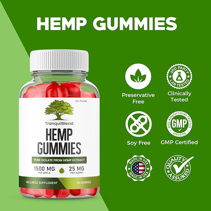 (2 Pack) Tranquil Blend Gummies with Hemp, Tranquil Blend Hemp Gummies Extra Strength Formula Maximum Performance Blend Tranquil Blend Gummy Great Taste 1500mg Bottle, 25mg Per Gummy (120 Gummies)
