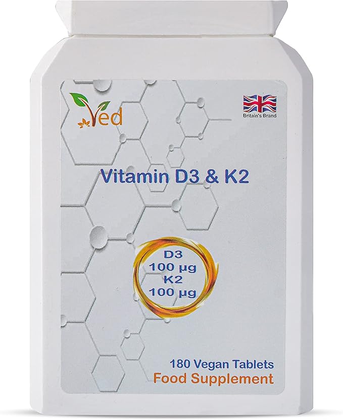 VED Vitamin D3 K2| 100 mcg Vitamin D3 & 100 mcg Vitamin K2| Max Strength 2 in 1 Immune Support | Vegan, Gluten| 180 Vegan Tablets|6 Month Supply
