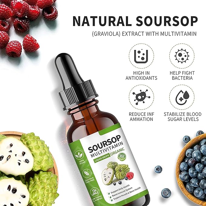 Soursop Bitters Liquid 2 Fl Oz, Soursop Graviola Leaf Extract Liquid Drop, Soursop Multivitamin Liquid Drops Organic for Cell Support, Immune System, Relax