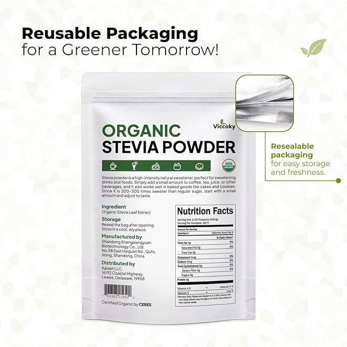 Viccoky Organic Stevia Powder 6oz (171g), Pure Stevia Extract Powder, Sugar-Free & 0 Calories, No Additives, Sugar Substitute, Natural Sweetener