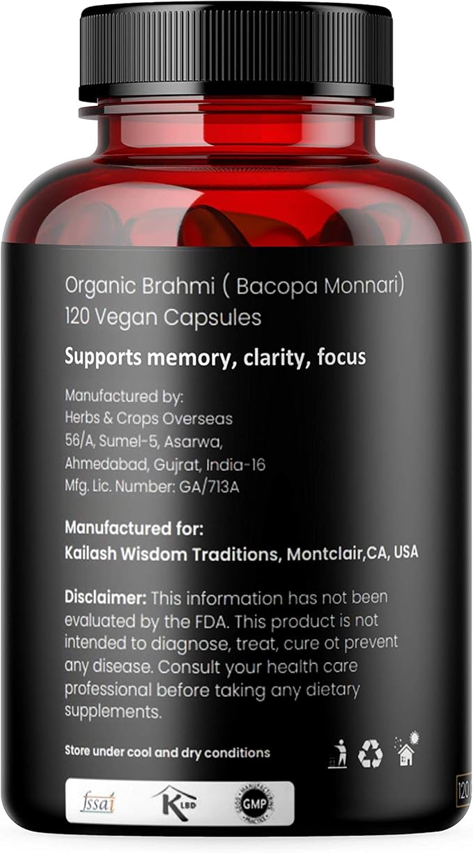 Bacopa, Organic Brain Booster, Nootropic Brain Supplement, Bacopa Monnieri/Brahmi, for Mental Sharpness, Focus, Memory, and Cognitive Wellness, 120 Capsules 500mg, 2 Month Supply