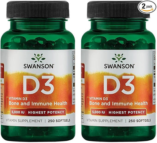 Swanson Vitamin D3 - Vitamin Supplement Promoting Bone Health & Immune System Support - Natural Support for Calcium Distribution & Absorption - (250 Softgels) (2 Pack)
