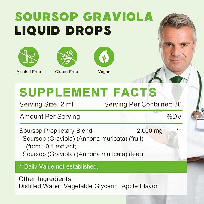 Organic Soursop Graviola Bitters Liquid Drops, Soursop Extract Organic Pure Rich in Multivitamin for Natural Antioxidant, Cell Support & Regeneration, Immune Boost - 2 FL OZ
