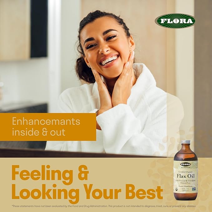 Flora - Flax Oil - Cold-Pressed, Unrefined, Organic Flax Seed Oil - Contains Omega-3 & Omega-6 - Non-GMO & Gluten-Free - Keep Chilled - 32 fl. oz. Amber Glass Bottle