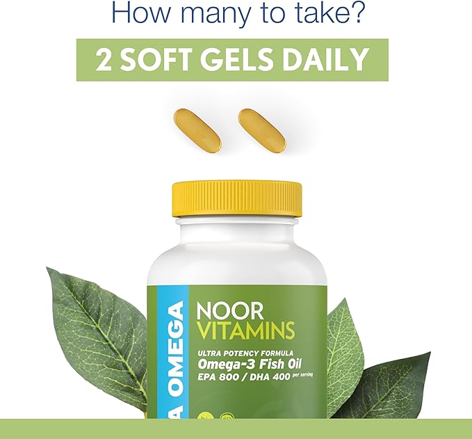 Noor Vitamins Halal Fish Oil, Halal Vitamins, Ultra Omega 3 Wild Peruvian Fish (800 mg EPA & 400 mg DHA) Heart, Brain & Joint Support, Non-GMO and Gluten Free (120 Count)