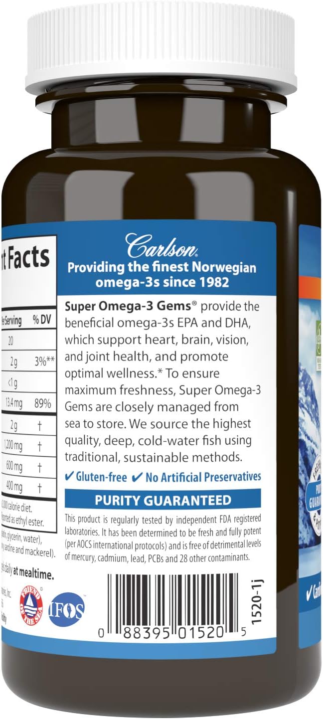 Carlson - Super Omega-3 Gems, 1200 mg Omega-3s, Wild Caught, Sustainably Sourced, 50 soft gels