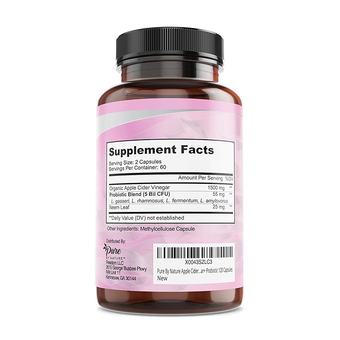 Pure By Nature Apple Cider Vinegar + Probiotic for Women & Men, Raw Apple Cider Vinegar Pills for Weight Management Support & Cleanse Support (120 Capsules)
