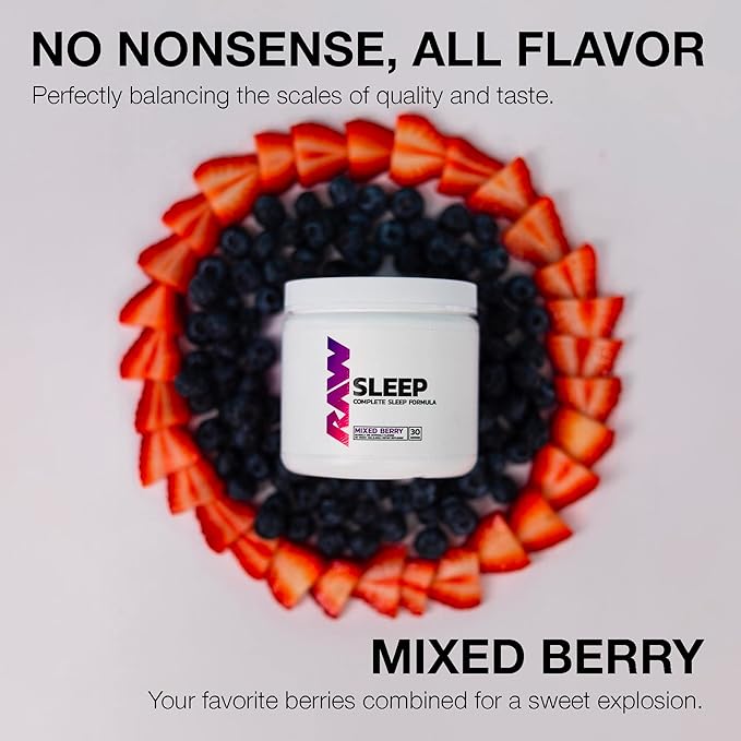 RAW Natural Sleep Aid Supplement - Relaxation Enhancer & Mood Support with Melatonin, Magnesium, Zinc, L-Tryptophan & Lemon Balm Extract to Relax & Calm The Mind & Body - 30 Servings, Mixed Berry