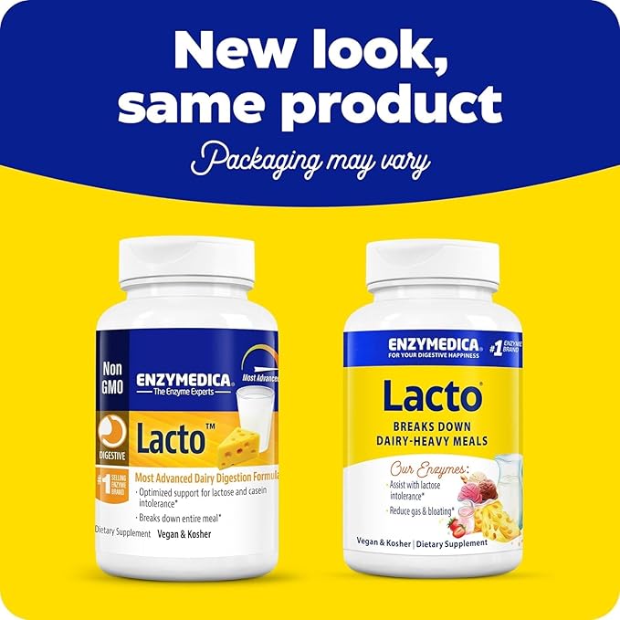 Enzymedica Lacto, Maximum Strength Formula for Dairy Intolerance, with Enzymes Lactase and Protease, Relieves Digestive Discomfort, 30 Capsules (30 Servings)