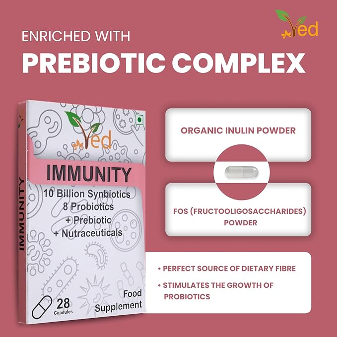Ved Immunity Complex Probiotics and Prebiotics Complex - 10 Billion CFU - 20 Live Bacterial Cultures - 28 Probiotic Complex- Lactobacillus Plantarum, Casei.