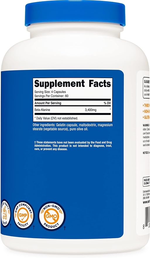 Nutricost Beta-Alanine Capsules 3400mg, 240 Caps (2 Pack) - Potent Beta Alanine, Gluten Free & Non-GMO, 850mg Per Cap, 60 Serv Per Bottle