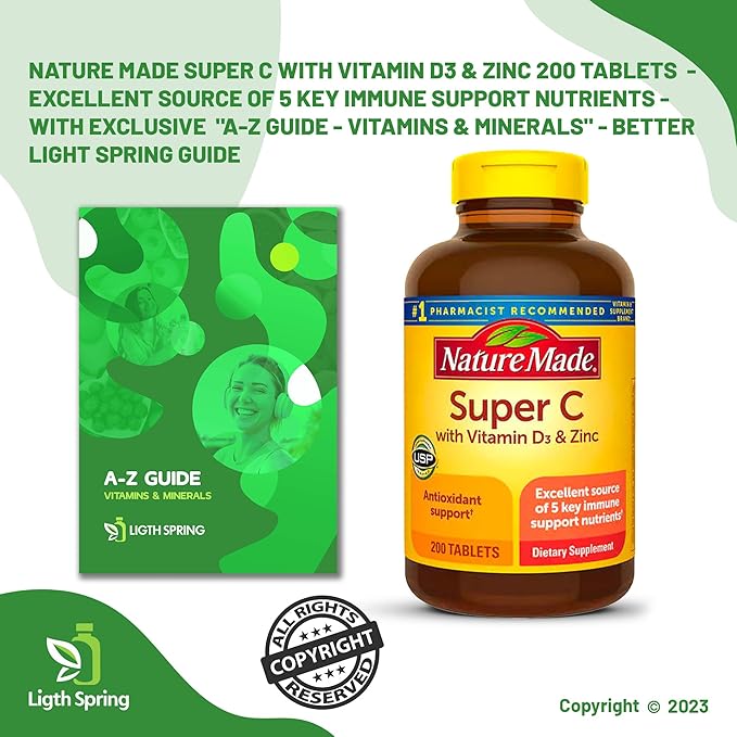 Super C with Vitamin D3 & Zinc 200 Tablets with Exclusive A to Z - Better Ligth&Spring Guide (2 Items)