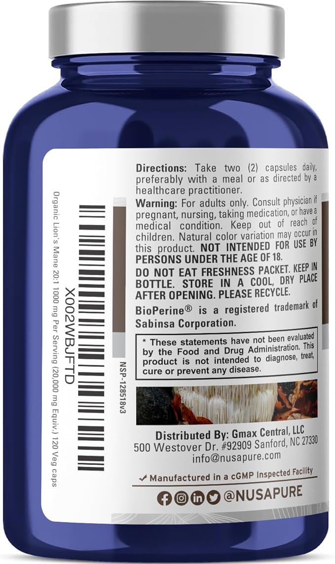 NusaPure Lions Mane 20:1 Extract (20,000 mg Equivalent) - Made with Organic Lion`s Mane, Bioperine - 30% Polysaccharides - 120 Veggie Caps. Non-GMO, Gluten Free