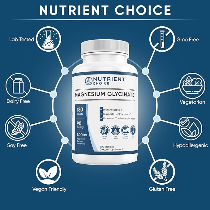 400 mg Magnesium Glycinate 180 Tablets Non Buffered High Absorption Non-GMO Promotes Cardiovascular Health Supplement for Stress Relief, Sleep, Heart Health, Ease Muscles, Calm Headaches, Nerves