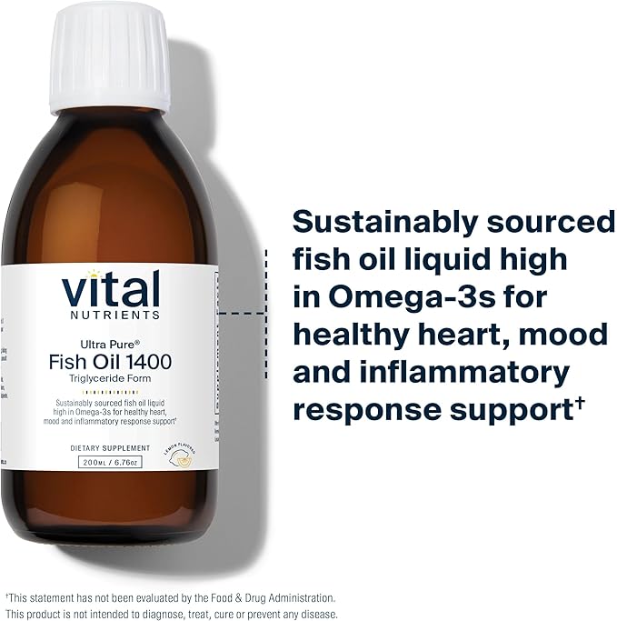 Vital Nutrients - Ultra Pure Fish Oil 1400 (Pharmaceutical Grade) - Deep Sea Liquid Fish Oil, Cardiovascular Support, Natural Lemon Flavor - 200 ml per Bottle