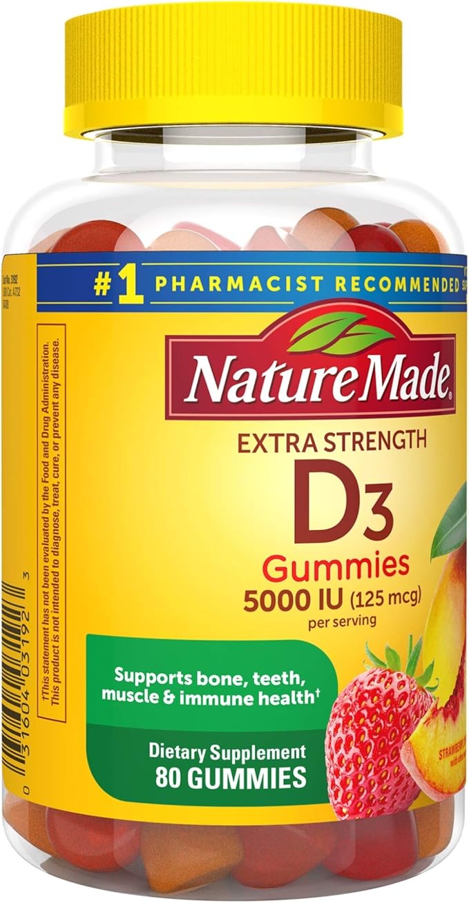 Nature Made Extra Strength Vitamin D3 5000 IU (125 mcg) per serving, Dietary Supplement for Bone, Teeth, Muscle and Immune Health Support, 80 Gummies, 40 Day Supply