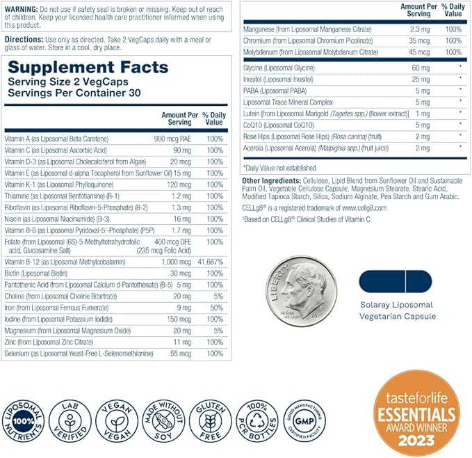 SOLARAY Liposomal Multivitamin for Men & Women, High Potency, Enhanced Absorption Vitamin C, Vitamin D, Biotin, Methyl B-12, Odor Neutral & Gentle Digestion, 30 Servings, 60 VegCaps