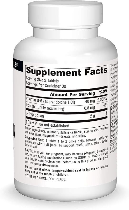 Source Naturals L-Tryptophan with Vitamin B-6 1000 mg Support Mood, Relaxation And Sleep - 60 Tablets