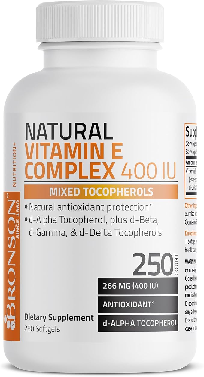 Bronson Natural Vitamin E Complex 400 I.U. Supplement (d-Alpha Tocopherol Plus d-Beta, d-Gamma, & d-Delta Tocopherols), Natural Antioxidant, 250 Softgels