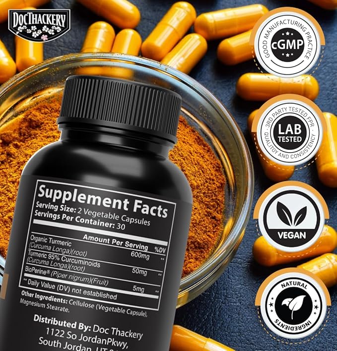 Turmeric Curcumin, with BioPerine, 650mg, Capsules - 95% Curcuminoids, Black Pepper Fruit Extract, Maximum Absorption - High Potency Turmeric Supplement - (60 Count Bottle)